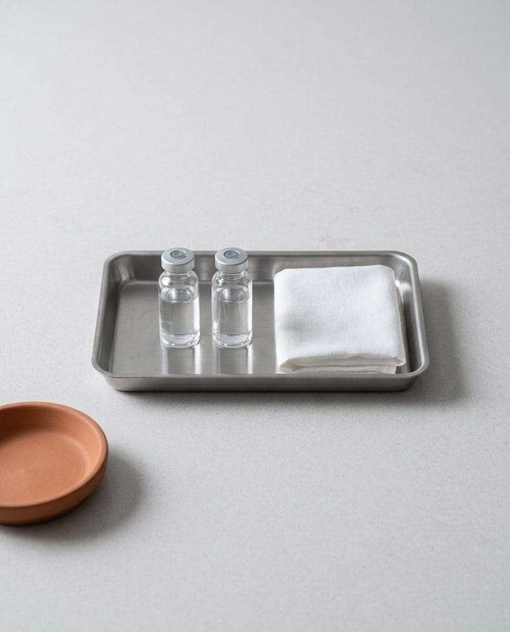 A stainless tray with two plain unlabeled glass vials and a folded white cloth on a pale counter.