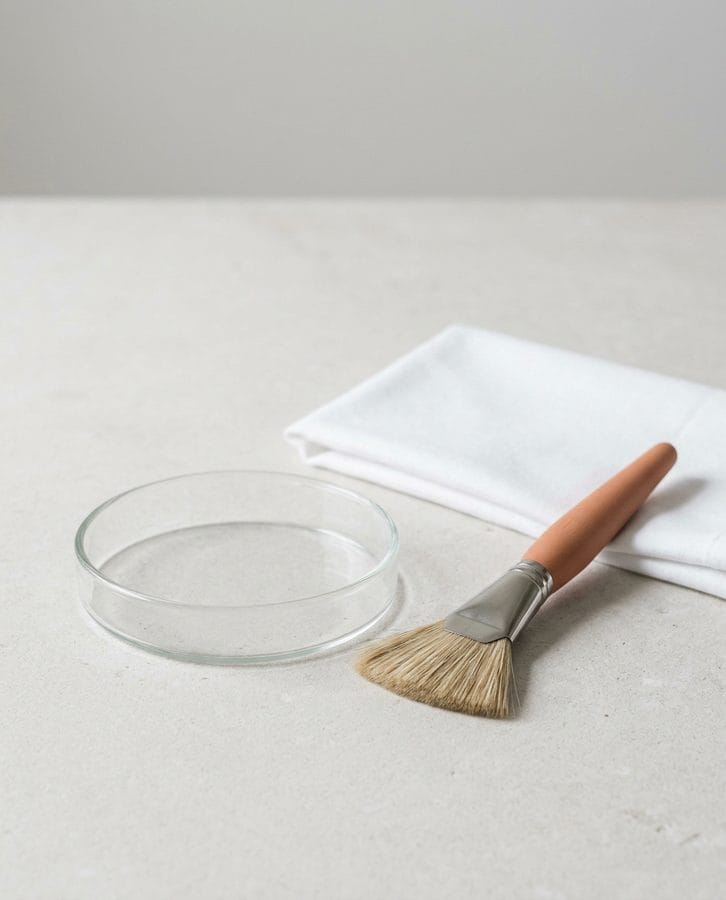 A shallow glass dish and a wide flat brush on a pale stone counter.