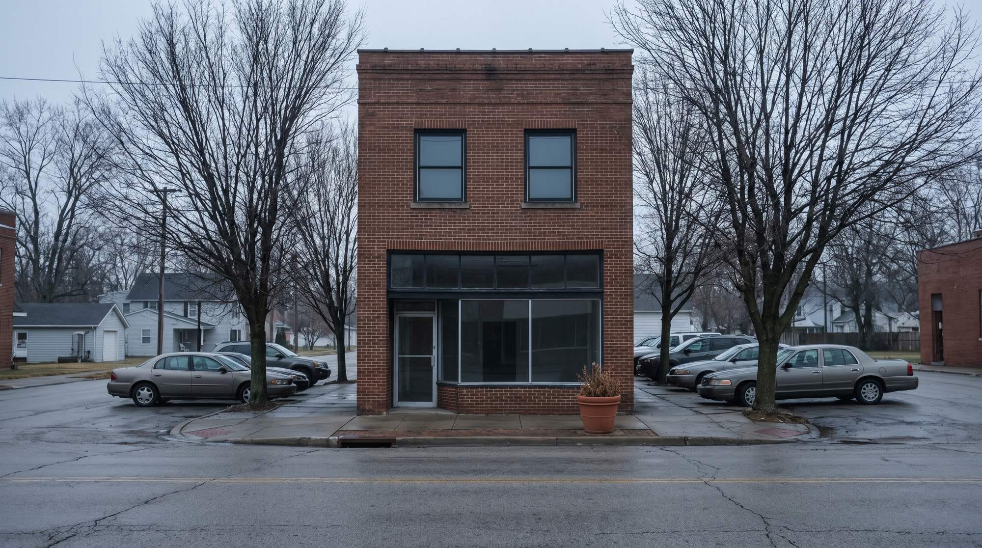 A two-story brick building on a small-town main street, seen from across the road.