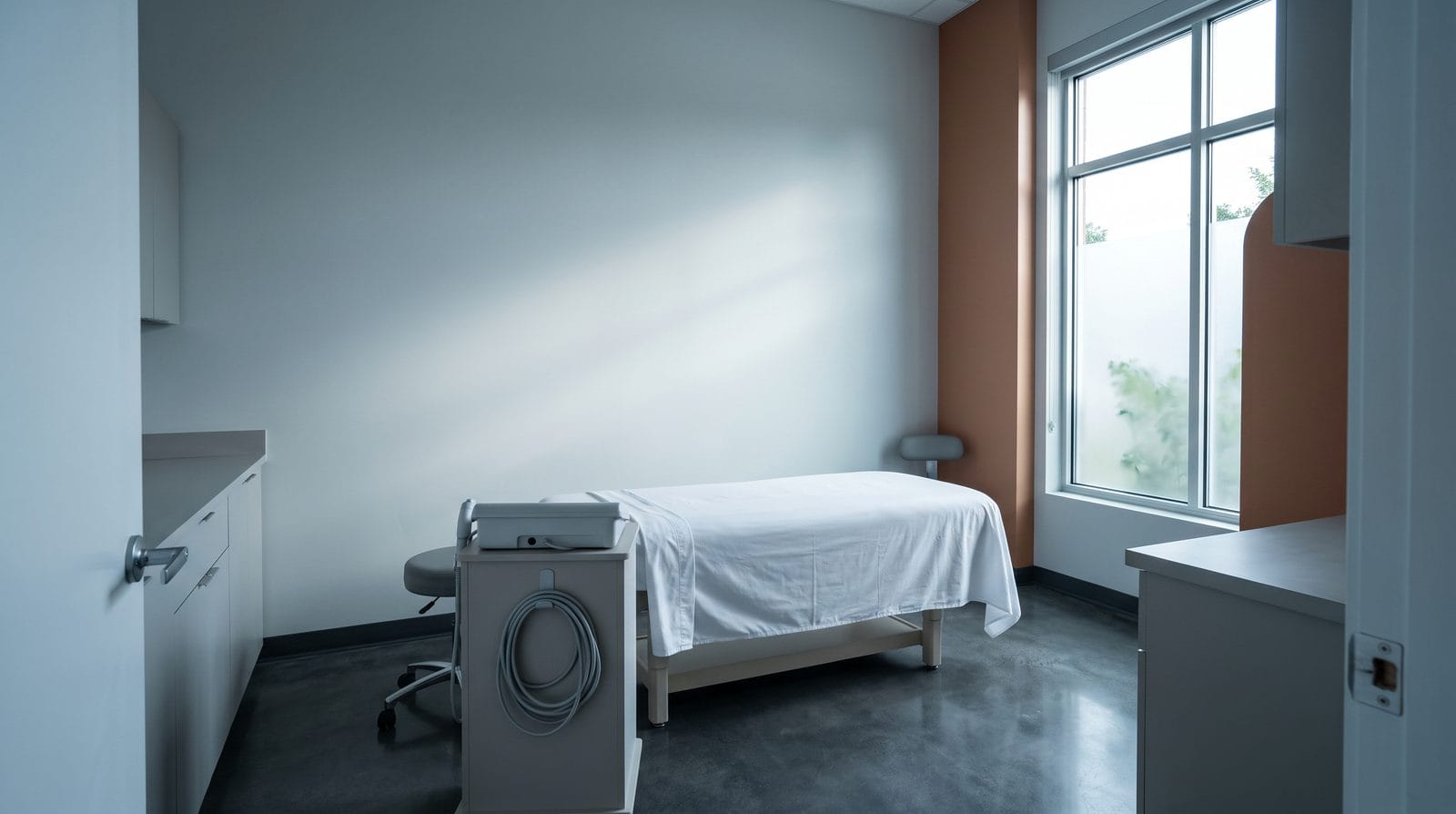 An empty treatment room seen from the doorway, a bed in fresh linen beside a plain equipment cart.